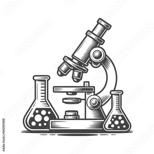 Microscope and flasks with liquid laboratory science