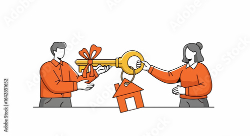 Illustration of a home purchase handover ceremony, symbolizing property acquisition, new beginnings, and the transfer of ownership in real estate transactions.
