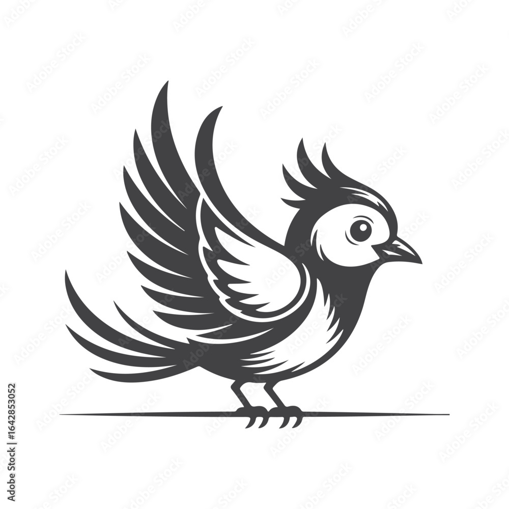 Fototapeta premium Stylized black bird with spread wings perched on a line white