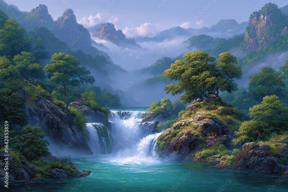 Fototapeta premium Scenic Waterfall Landscape with Lush Greenery Serene Mountain Views