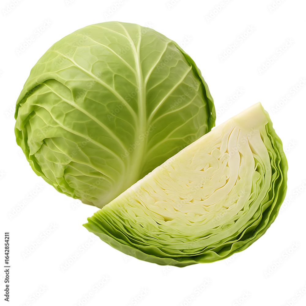 Obraz premium Fresh green cabbage whole and a cut wedge isolated on black background healthy food vegetable