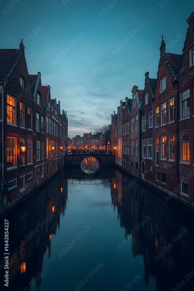 Fototapeta premium Picturesque evening view of a serene canal lined with traditional Dutch-style red brick houses and softly glowing streetlights, reflecting beautifully in calm water under a twilight sky