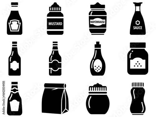 Monochrome Icons of Condiment Bottles and Sauce Jars for Food Design