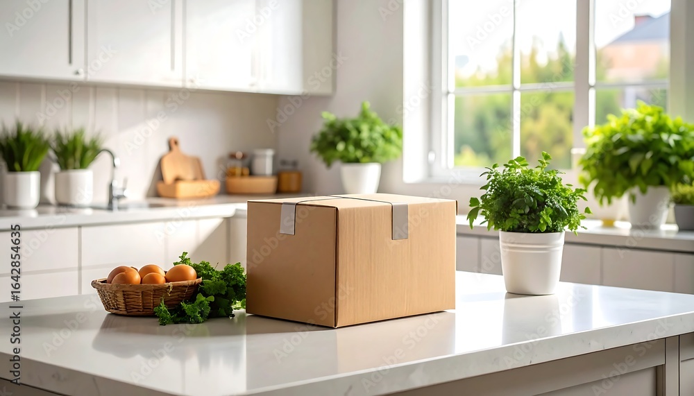 Fototapeta premium Cardboard box sits on a kitchen counter amongst fresh herbs and eggs