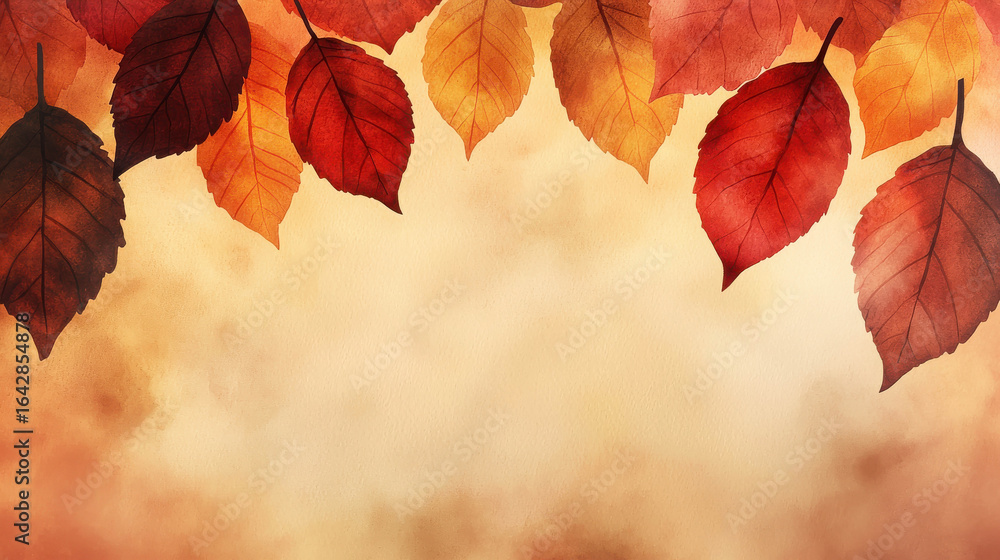 Fototapeta premium Vibrant Autumn Leaves in Shades of Orange and Red Against a Soft Beige and Brown Background Creating a Warm Seasonal Atmosphere