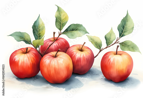Five plump red apples are arranged together on a light surface, accompanied by green leaves. The bright colors emphasize freshness and the appeal of natural produce.