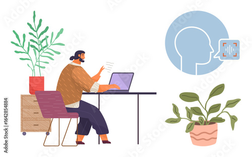 Woman at desk typing on a laptop, blue voice recognition symbol, indoor plants, and organized workspace. Ideal for technology, remote work, home office, innovation, software productivity simple