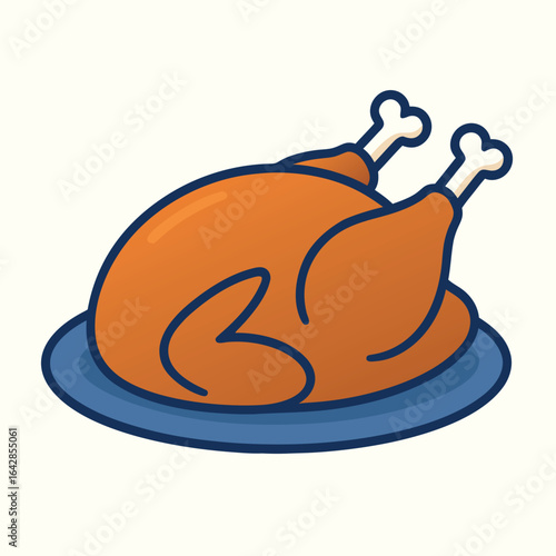 Roast Turkey on Plate, Thanksgiving Dinner, Holiday Meal Vector Illustration  