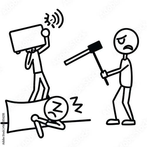 Frustrated person with hammer threatens noisy person holding loud device near sleeping person