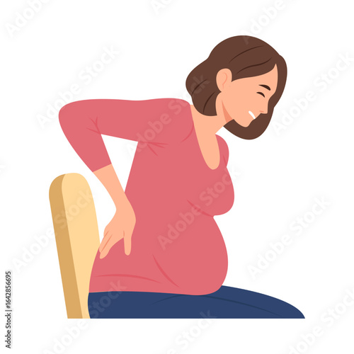 A pregnant woman sitting, experiencing back pain, with a pained expression.