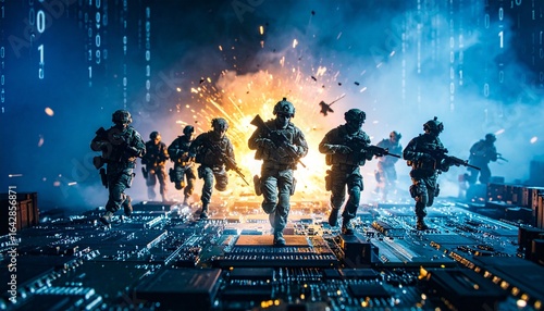 Futuristic soldiers in combat gear engage in high-tech battle amid holographic grids and digital chaos—precision, power, and tactical intensity in motion.