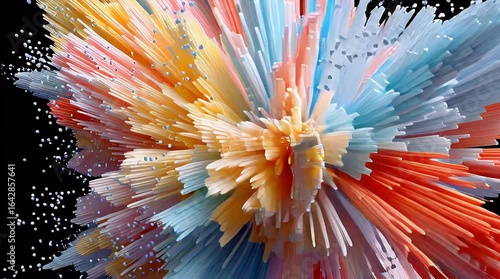 Abstract explosion of colorful, textured rods radiating outward on a black background.  Small, scattered, light-colored dots are interspersed throughout