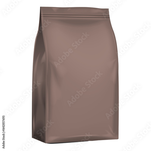 A brown, sealed, blank product bag stands upright against a white background.