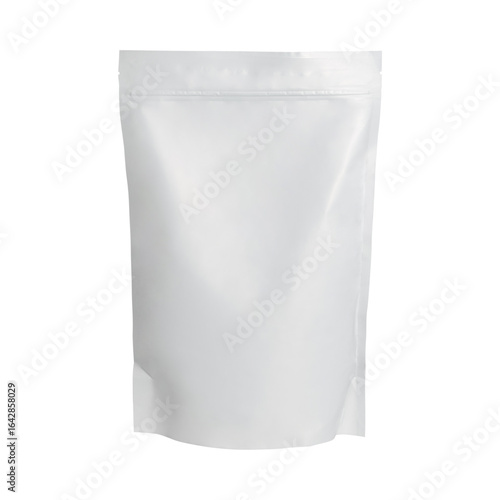 A blank, white, stand-up pouch with a zipper seal, isolated on a white background.