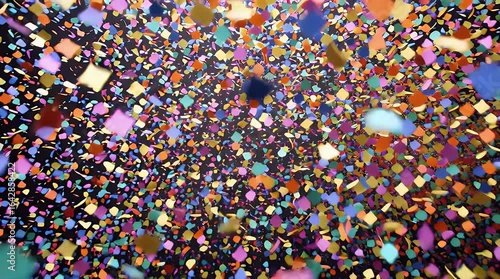 A vibrant scattering of colorful confetti on a dark background