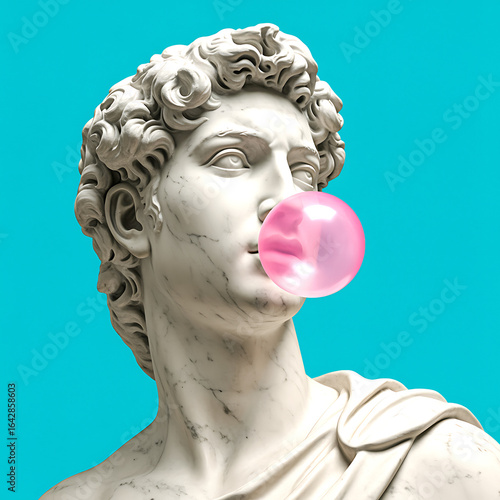 Classical marble statue of david blowing a pink bubblegum bubble against a vibrant turquoise blue background with a modern artistic twist