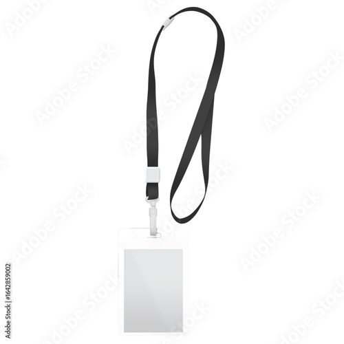 Isolated badge with a black lanyard and a transparent plastic holder, displayed against a white background.
