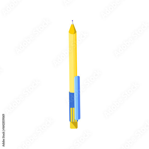 Yellow and blue ballpoint pen with cap on white background
