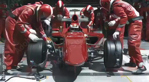 Formula Team of mechanics in red uniforms performing tire change on a race car in a high-tech garage