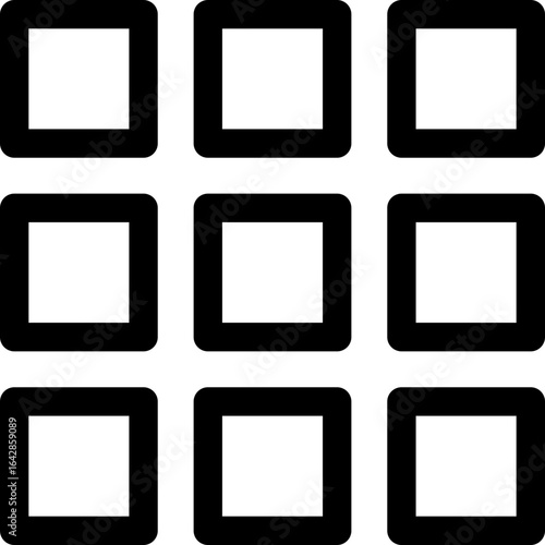 Nine black squares arranged in a three-by-three grid pattern, simple and minimalist.