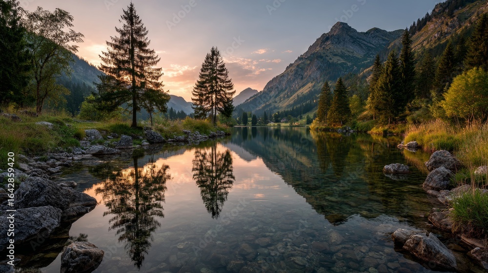 Fototapeta premium Sunset at a calm mountain lake in Austria
