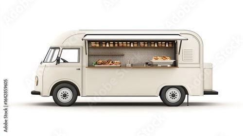 Cream colored food truck with assorted foods displayed