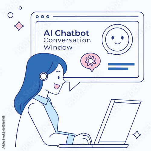 Modern AI chatbot illustration featuring smiling woman interacting with helpdesk technology on laptop