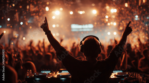 DJ Performing on Stage with Crowd Dancing and Celebrating at Nightclub
