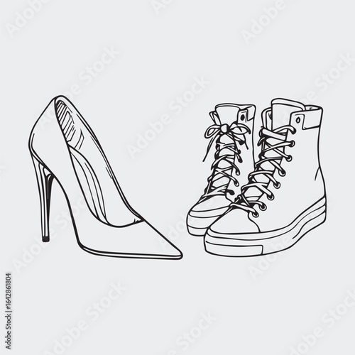 Contrasting footwear illustration — black and white vector of stiletto heel and high-top sneakers for fashion and lifestyle themes