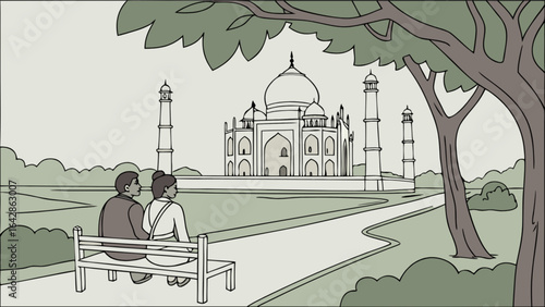 Taj mahal india travel couple tourist attraction landmark love romance destination park bench historic site