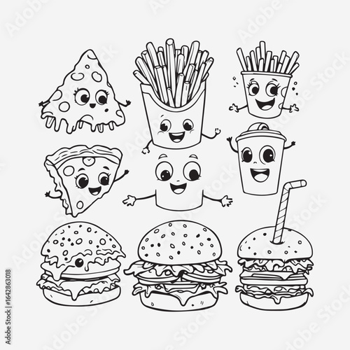 Cute fast food character set — cartoon-style pizza, burgers, fries, and drinks with smiling faces in colorful vector illustration