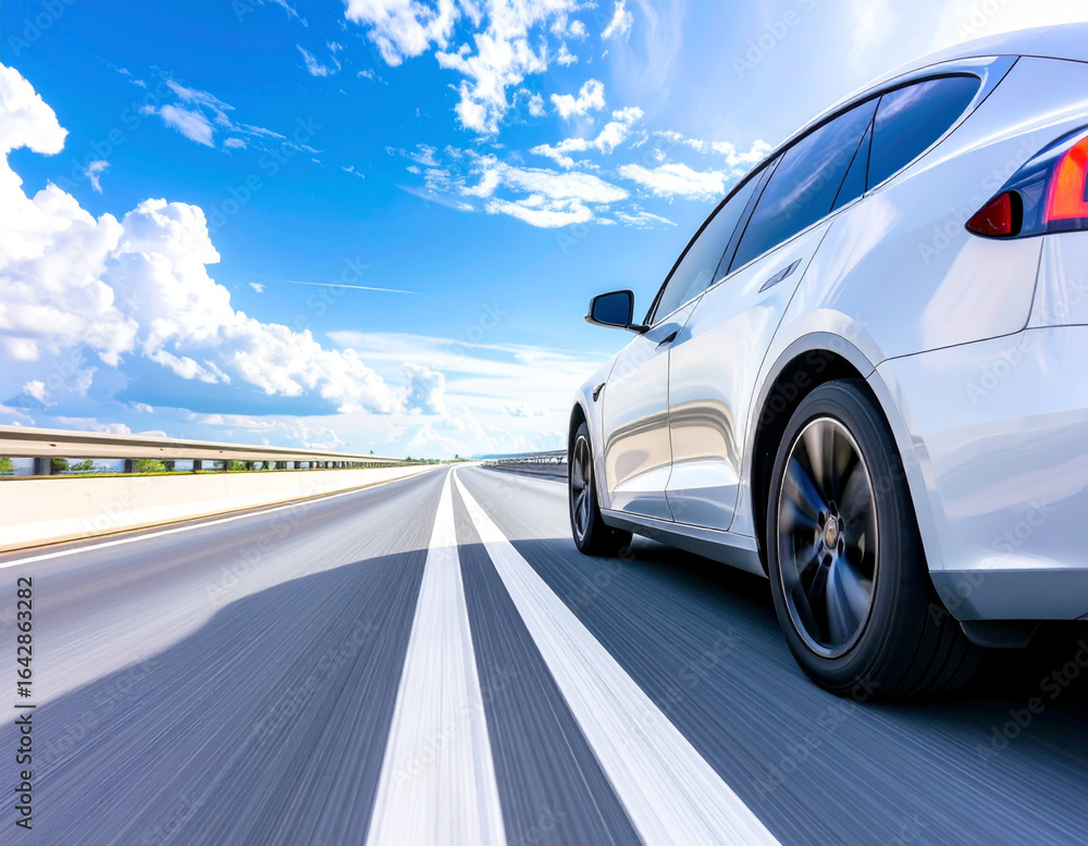 Fototapeta premium Sleek electric car driving on modern highway, motion blur background, clear sky, futuristic design, clean energy transportation concept.
