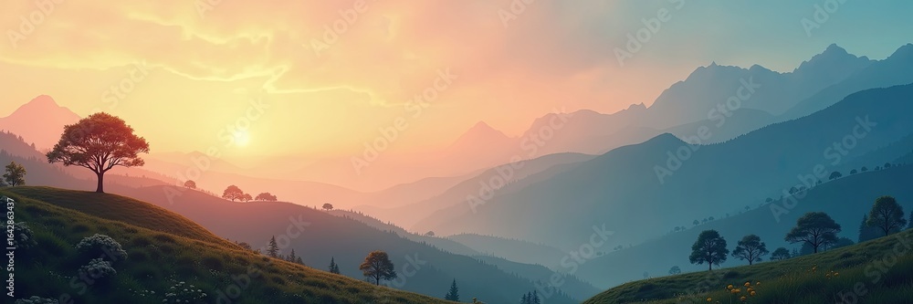Fototapeta premium Sunrise over a serene mountain valley.