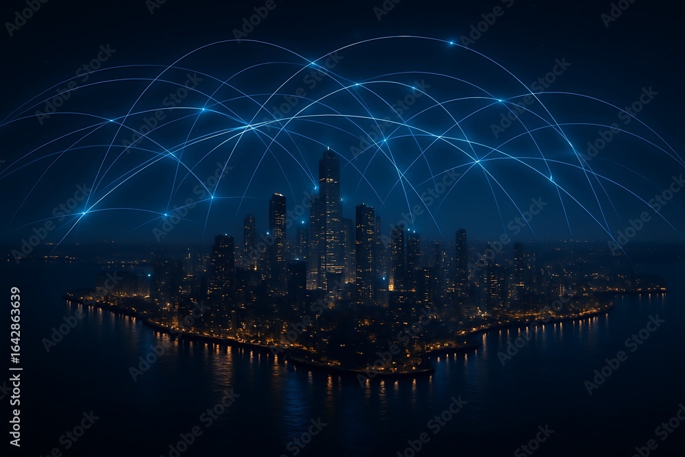 Naklejka premium Global network connections overlaying a futuristic cityscape at night