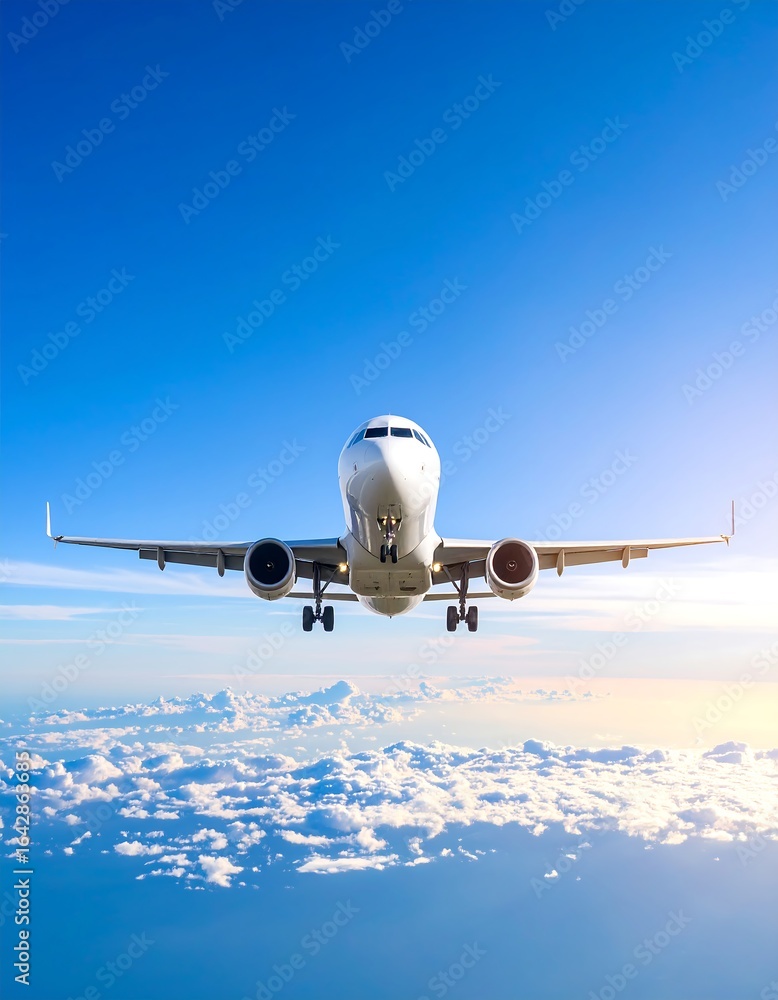 Obraz premium Airplane descends through clouds, sunlit sky