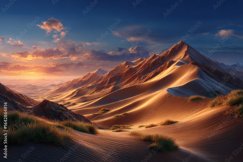 Fototapeta premium Golden Desert Dunes Landscape with Mountain Range at Sunset Travel Adventure
