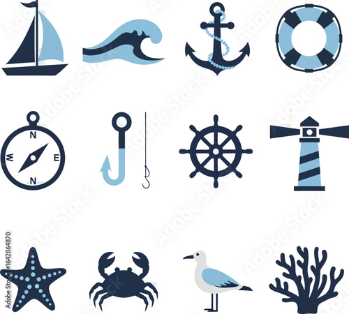 Nautical Icons Sailboat Anchor Lighthouse Compass Crab Seagull Starfish Coral Wave Ship Wheel Lifebuoy Fishing Hook.