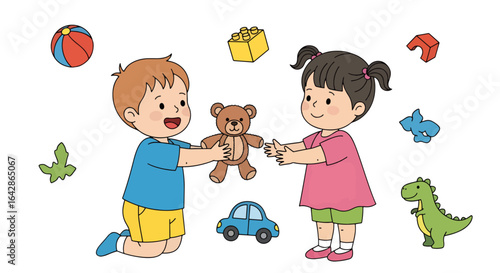 Joyful children sharing toys, creating happy childhood memories with colorful playthings like teddy bears and building blocks