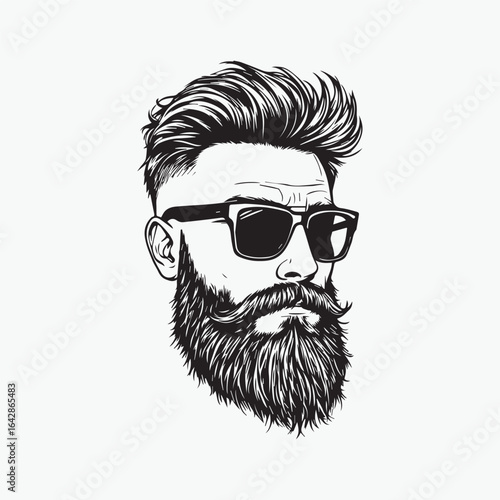 Stylized bearded man illustration — black and white vector with voluminous hair, glasses, and detailed beard for style and branding