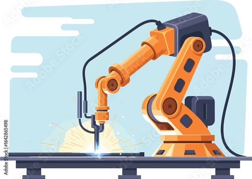 Robotic arm performing welding with bright sparks and molten metal.