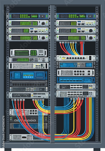 Server Rack with Network Equipment and Colorful Cables.