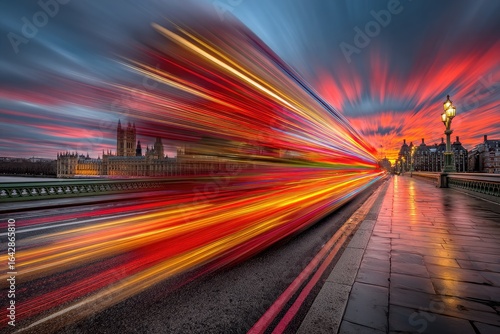 A vibrant, motion-blurred double-decker bus streaks across a London bridge at sunset. 