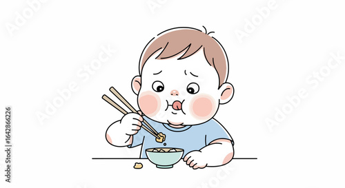 Adorable baby struggles to eat with chopsticks, showing a funny, relatable moment of childhood learning and mealtime challenges