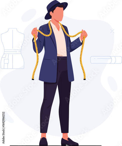 Tailor holding a measuring tape with a dress form in the background.