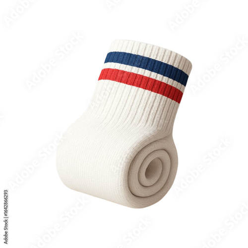 White athletic sock with red and blue stripes isolated on transparent background