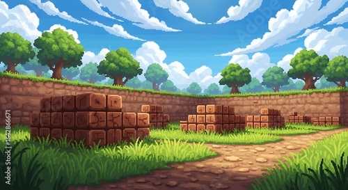 Pixel art landscape of a sunny grassy field with trees