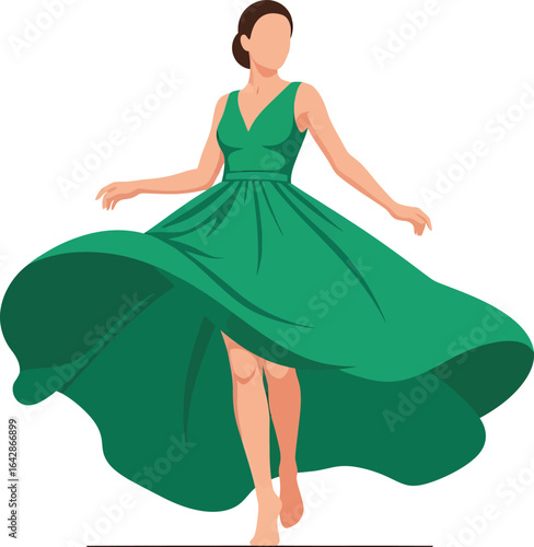 Woman in a flowing green dress twirling gracefully.
