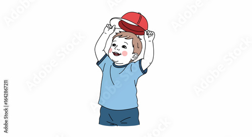 Joyful toddler gleefully places red baseball cap on head, beaming with pure childhood delight and playful innocence