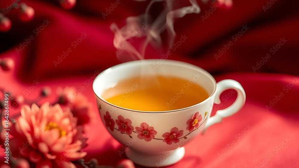 Fototapeta premium A delicate white porcelain teacup with chrysanthemum blossoms, steaming golden tea against a blurred red silk background.
