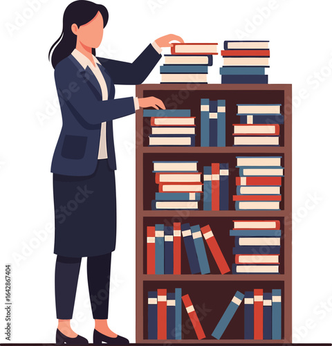 Woman in Suit Organizing Books on a Shelf.